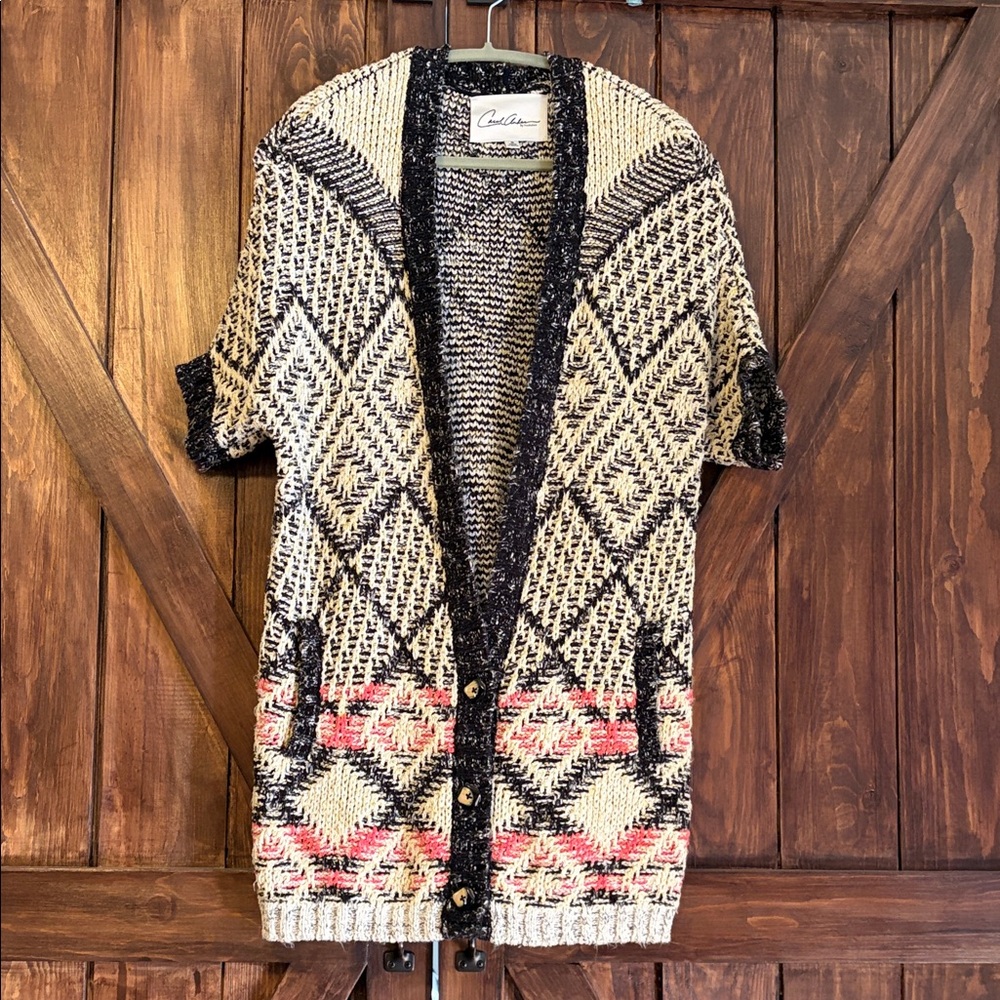 CAbi Cream and Black Open-Front Geometric Short-Sleeve Sweater with Pink Accent